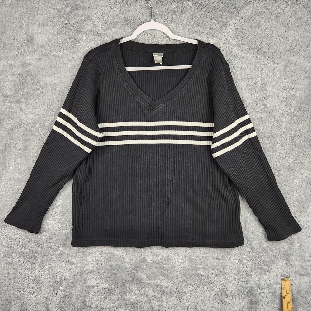 Vintage Fashion Bug Sweater Womens 22/24W Black Striped V Neck Ribbed Plus Size
